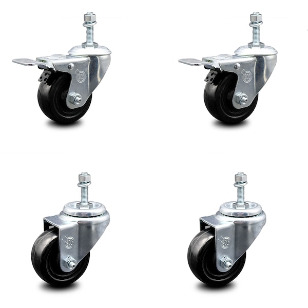 Service Caster 3 Inch Hard Rubber Swivel 3/8 Inch Threaded Stem Caster Total Lock Brakes, 2PK SCC-TSTTL20S314-HRS-381615-2-S-2 - main